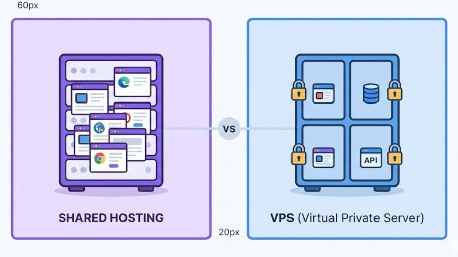 Sơ đồ phân biệt shared hosting dùng chung tài nguyên và VPS máy chủ ảo riêng biệt