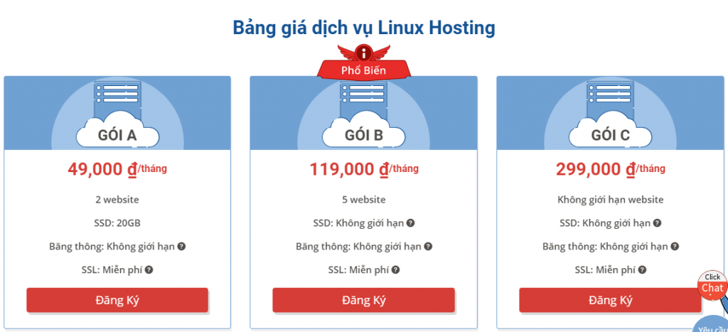 Bảng giá dịch vụ hosting